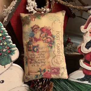 New~~ Primitive Vintage Christmas Santa Advertising Art Print Bowl Filler Pillow (4.5"x7") Vintage Hare HAFAIR, OFG, FWB