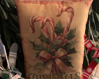 New for 2024 Holidays~ Primitive Vintage Candy Cane & Holly Christmas Art Print Bowl Filler Pillow (7"x9” approximately ) Vintage Hare