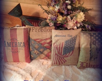New~~~Set of 4 Primitive Patriotic Bowl Fillers Pillow Ornies Vintage Hare HAFAIR, OFG, FWB. Statteam
