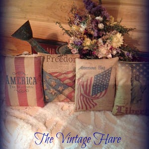 New~~~Set of 4 Primitive Patriotic Bowl Fillers Pillow Ornies Vintage Hare HAFAIR, OFG, FWB. Statteam