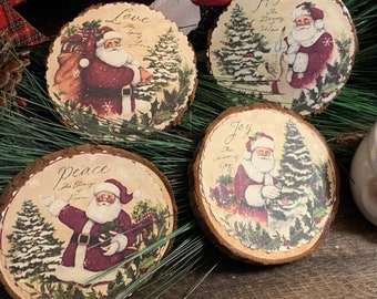 New~~ Set of 4 Primitive Vintage Wood Slice Decoupage Print Peace Joy Love Santa Christmas Bowl Ornaments (approximately 3” diameter)