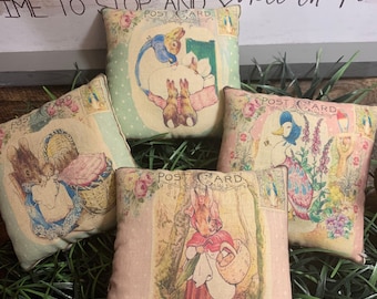 Set of 4 Primitive Vintage inspired Peter Rabbit Beatrix Potter Easter Pillows (Approx 4.5” x 4.5”) Vintage Hare