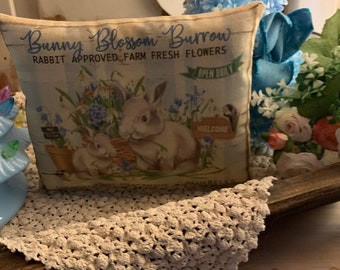 Vintage Repro Bunny Blossom Farm Fresh Flowers Bowl Fillers Pillow Tucks Ornies (approx 6.5” x 7”) , Ofg, HAFAIR