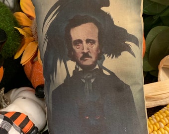 May include: A decorative cushion featuring a vintage illustration of Edgar Allan Poe with a raven perched on his head. The cushion has a dark green background and a black and white image of Poe.