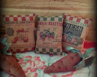 Set of 3 Primitive Strawberry Vintage Feed Sack Print Pillow Ornie Vintage Hare HAFAIR, OFG, Fwb