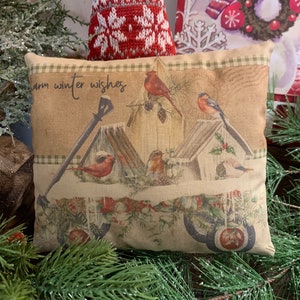 New~~ Primitive Vintage Christmas Winter Bird Wagon Birdhouse Art Print Bowl Filler Pillow (6”x9”) Vintage Hare