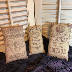 Set of 3 Primitive Advertising Jack Deals Poison, Pumpkin Spice Liqueur and Witches Powders Halloween Pillow Tuck Vintage Hare