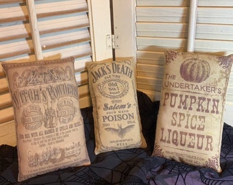 Set of 3 Primitive Advertising Jack Deals Poison, Pumpkin Spice Liqueur and Witches Powders Halloween Pillow Tuck Vintage Hare