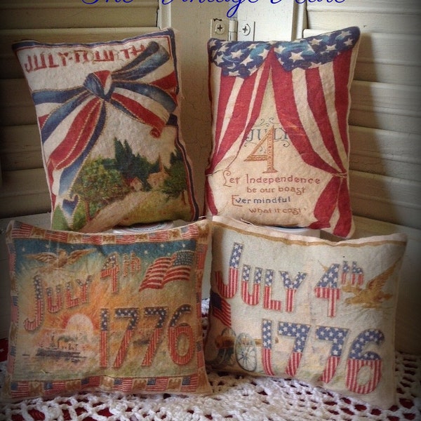 New~~~Set of 4 Primitive Americana Flag July 4th Bowl Fillers Ornies Vintage Hare HAFAIR, OFG, FWB.