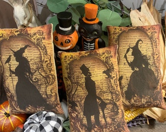 New~~ Set of 3 Primitive Vintage Silhouette Halloween Witch Black Cat Skeleton Print Bowl Filler Ornie Pillow (4.5"x7") Vintage Hare