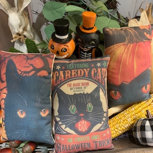 NEW~~Primitive Vintage Halloween Scaredy Cat Black Cat Pumpkin Bowl Filler Pillow Tuck Vintage Hare