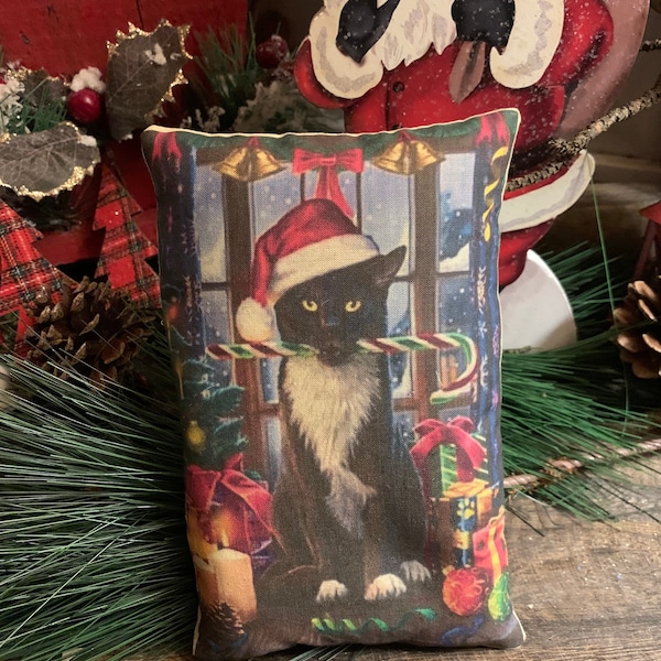 Nuevo ~~ Primitivo Vintage Black Cat Santa Art Print Bowl Filler Pillow (4.5"x7") Vintage Hare HAFAIR, OFG, FWB