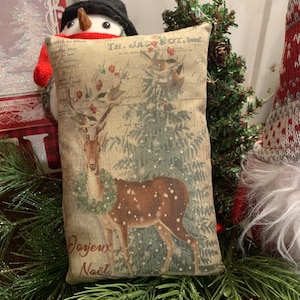 New~~ Primitive Vintage Joyeaux Noel Deer Forest Art Print Bowl Filler Pillow (4.5"x7") Vintage Hare HAFAIR, OFG, FWB