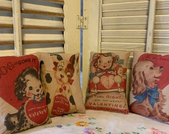 Vintage Style Valentine’s Day Puppy Pillows Set of 4 approximately 4.25" x 5" Vintage Hare