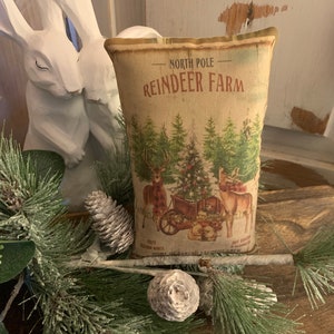 New~~ Primitive Vintage Christmas North Pole Reindeer Farm Advertising Art Print Bowl Filler Pillow (4.5&quot;x7&quot;) Vintage Hare HAFAIR, OFG, FWB