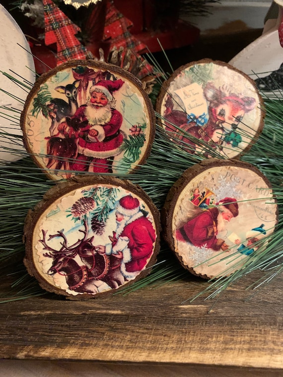 New~~ Set of 4 Primitive Vintage Wood Slice Decoupage Print