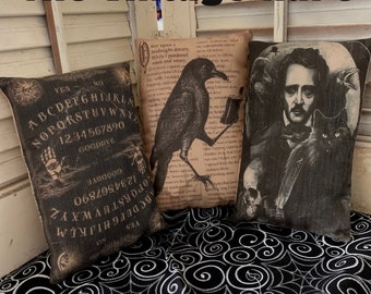 Set of 3 (4.5"x7") Primitive Black Crow Edgar Allen Poe Ouiji Board & Primitive Halloween Trick or Treat Pillow Tuck Vintage Hare