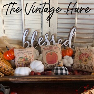 Peut inclure: Un plateau en bois rempli de décorations d'automne, notamment des citrouilles, des courges, du maïs et du coton. Le plateau est décoré de pancartes qui disent "The Old Country Farmhouse", "Farmer's Market", "Sold By The Pound", "Farm Fresh", et "Pumpkins". Le plateau est posé sur une table en bois avec un fond de volets blancs. Les mots "blessed" sont écrits en lettres blanches sur un fond en bois.