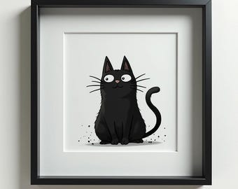Art numérique de chat noir mignon – Affiche de chat minimaliste, illustration de chat ludique, art animalier mignon à télécharger