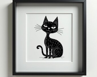 以下が含まれることがあります： 尻尾を脚に巻き付けて座っているスタイリッシュな猫の白黒イラスト。猫は模様のある体といたずらっぽい表情をしています。