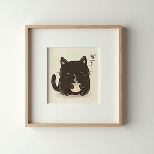 Cute Black Cat with Coffee – Digital Download, Cat Art, Cozy Wall Print