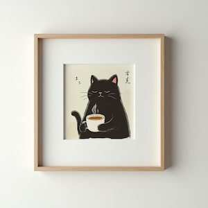 Black Cat with Coffee – Digital Download, Cat Art, Cozy Wall Print