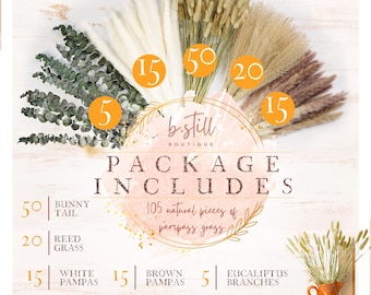 Natural Dried Pampas Grass Bouquet: Boho Wedding Decor, Eucalyptus & Bunny Tail - 105 Pcs