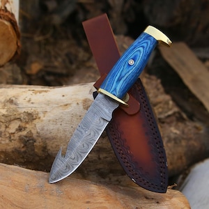 Couteau à dépecer fait main en acier damas : couteau de chasse Bushcraft avec étui en cuir