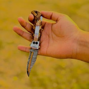 Handmade Copper Damascus Steel Folding Knife: Rosewood Handle, Groomsman Gift