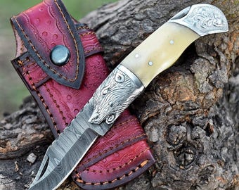 Cuchillo plegable de Damasco hecho a mano: mango de hueso, funda de cuero