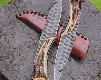 Pair of 2 Knives Handmade Damascus Steel Hunting Knife Set: Stag Horn Handle, Full Tang, 12 Inch Skinning Knife with Leather Sheath For Men