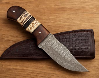 Handmade Damascus Hunting Knife with Leather Sheath, Engraved Gift