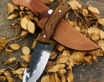 High Carbon Steel Skinning Knife with Gut Hook: Rosewood Handle, Leather Sheath