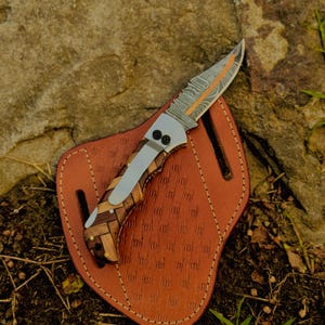 Handmade Copper Damascus Steel Folding Knife: Rosewood Handle, Groomsman Gift