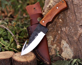 High Carbon Steel Skinning Knife with Gut Hook: Rosewood Handle, Leather Sheath