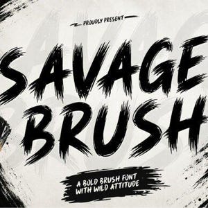 May include: A digital font display featuring the text SAVAGE BRUSH in a bold, black, dry-brush style typeface. The background is a textured off-white with black paint strokes and a paint brush in the lower left corner. A NEW badge is in the top right.