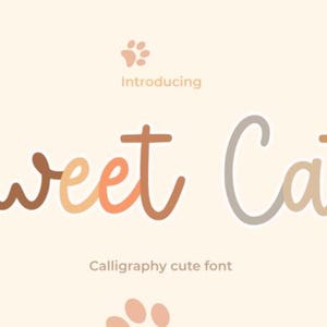 May include: A digital graphic featuring the text Introducing Sweet Cat Calligraphy cute font in a cursive style. The design includes illustrations of four cat heads in the corners and paw prints in a soft beige, brown, and grey colour palette.