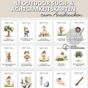 May include: A set of 48 printable outdoor activity cards featuring watercolour illustrations of children interacting with nature, including trees, insects, and stones. Each card contains German text prompts for outdoor exploration and mindfulness tasks.