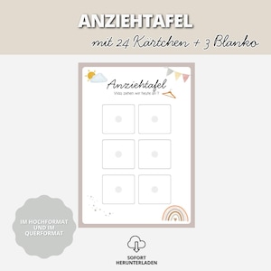 Könnte beinhalten: Eine Anziehtafel mit dem Text Anziehtafel und Was ziehen wir heute an, verziert mit Sonne, Wolken, Wimpeln und einem Regenbogen. Die Tafel enthält sechs leere quadratische Felder für Karten, inklusive 24 Karten und 3 Blankokarten.