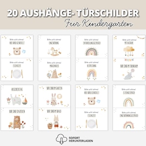 Könnte beinhalten: Ein Set von 20 Türschildern im Aquarellstil für einen Kindergarten, mit verschiedenen Illustrationen und deutschem Text. Jedes Schild hat ein anderes Thema, wie Essenszeit, Spielzeit und Elterngespräche. Die Schilder sind in sanften Farben und mit niedlichen Grafiken gestaltet.