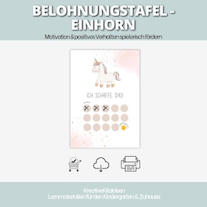 Könnte beinhalten: Eine Belohnungstafel mit einer Einhorn-Illustration. Die Tafel enthält den Text "ICH SCHAFFE DAS!" und Kreise zur Fortschrittsverfolgung. Oben steht "BELOHNUNGSTAFEL - EINHORN".