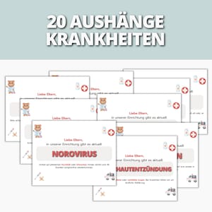 Può includere: Un insieme di schede informative con il testo "20 AUSHÄNGE KRANKHEITEN" in bianco. Le schede presentano illustrazioni di un orsacchiotto, simboli medici e testo in tedesco, con la parola "NOROVIRUS" evidenziata.