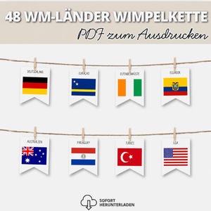 Può includere: Un file PDF stampabile che presenta una ghirlanda con 48 bandiere nazionali. L'immagine mostra due file di bandiere appese a uno spago con mollette di legno, tra cui Germania, Curaçao, Costa d'Avorio, Ecuador, Australia, Paraguay, Turchia e USA.