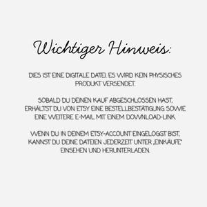Puede incluir: Un aviso digital con texto negro sobre un fondo blanco que dice: Wichtiger Hinweis: DIES IST EINE DIGITALE DATEI. ES WIRD KEIN PHYSISCHES PRODUKT VERSENDET. SOBALD DU DEINEN KAUF ABGESCHLOSSEN HAST, ERH&Auml;LTST DU VON ETSY EINE BESTELLBEST&Auml;TIGUNG.