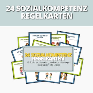 Puede incluir: Un conjunto de 24 tarjetas de reglas de habilidades sociales, con el título "24 SOZIALKOMPETENZ REGELKARTEN" en texto blanco. Las tarjetas tienen bordes coloridos e ilustraciones de niños. El texto "Einfach herunterladen, ausdrucken & loslegen!" también es visible.