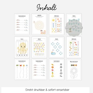 Puede incluir: Una colecci&oacute;n de doce hojas de actividades educativas para ni&ntilde;os con el t&iacute;tulo Inhalt. Las p&aacute;ginas incluyen ejercicios de trazo, laberintos, tareas de conteo con dados e iconos de verano, rompecabezas, sombras y colorear por n&uacute;meros.
