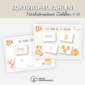 May include: Educational sorting game cards featuring autumn themes with numbers 1-10. The cards display the text ICH KANN BIS 10 ZÄHLEN, the word Drei, a hand showing three fingers, the number 3, and illustrations of pumpkins, a fox, and a mouse.