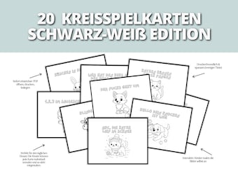 May include: A collection of black and white cards with animal illustrations and German text. The cards feature a variety of animals, including a bunny, cat, fox, cow, dog, and cat in the snow. The text on the cards includes phrases like "20 Circle Game Cards Black and White Edition."
