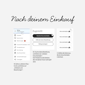 Puede incluir: Un gr&aacute;fico de instrucciones digital titulado Nach deinem Einkauf que muestra tres pasos para descargar archivos desde una cuenta de Etsy. Incluye un men&uacute; de perfil de usuario, un cuadro de estado de pedido y una lista de archivos.