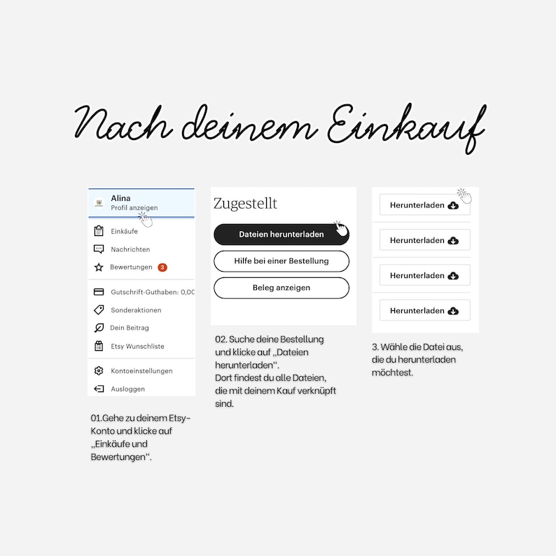 Puede incluir: Un gr&aacute;fico de instrucciones digital titulado Nach deinem Einkauf que muestra tres pasos para descargar archivos desde una cuenta de Etsy. Incluye un men&uacute; de perfil de usuario, un cuadro de estado de pedido y una lista de archivos.